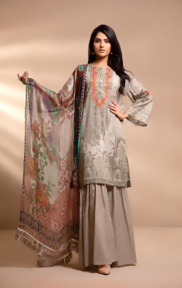 Grey 3 PCs Lawn Embroidered